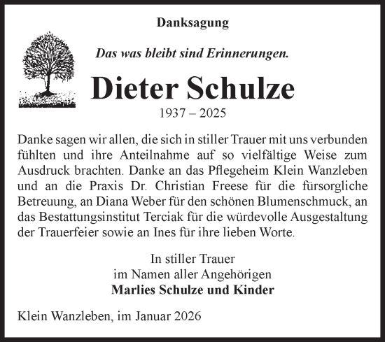 Traueranzeige von Dieter Schulze von Volksstimme Oschersleben/Wanzleben