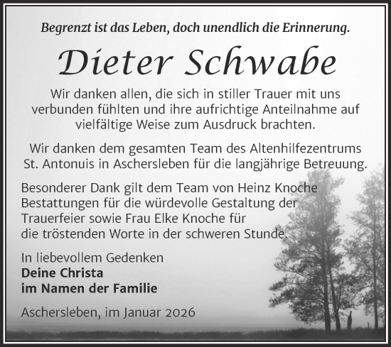 Traueranzeige von Dieter Schwabe von Trauerkombi Aschersleben