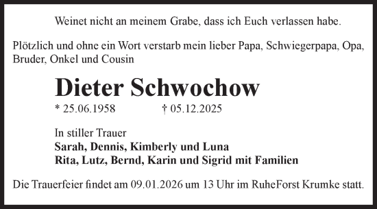 Traueranzeige von Dieter Schwochow von Volksstimme Altmark West