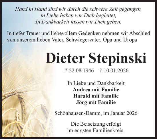Traueranzeige von Dieter Stepinski von Volksstimme Altmark Ost