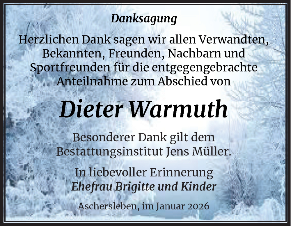  Traueranzeige für Dieter Warmuth vom 10.01.2026 aus Trauerkombi Aschersleben