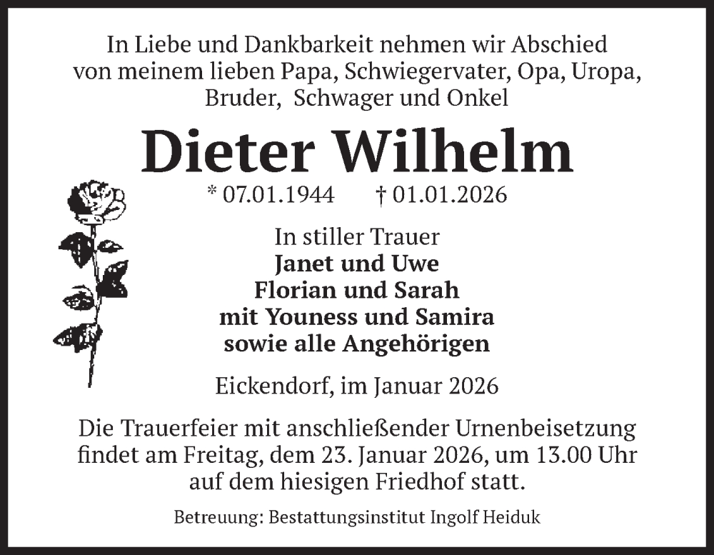  Traueranzeige für Dieter Wilhelm vom 10.01.2026 aus Volksstimme Schönebeck