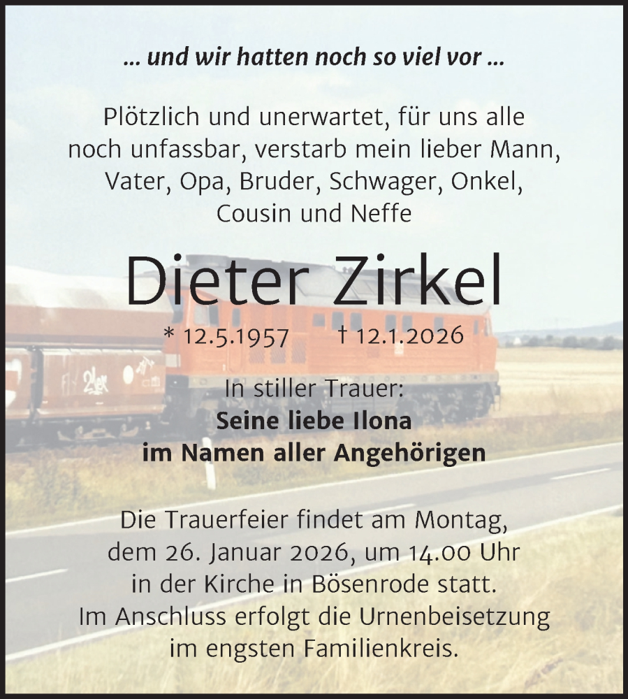  Traueranzeige für Dieter Zirkel vom 17.01.2026 aus Trauerkombi Sangerhausen