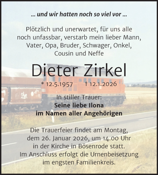 Traueranzeige von Dieter Zirkel von Trauerkombi Sangerhausen