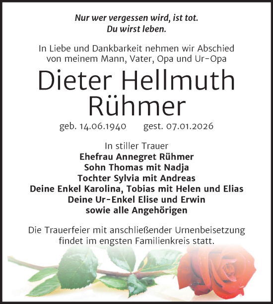 Traueranzeige von Dieter Hellmuth Rühmer von Trauerkombi Aschersleben