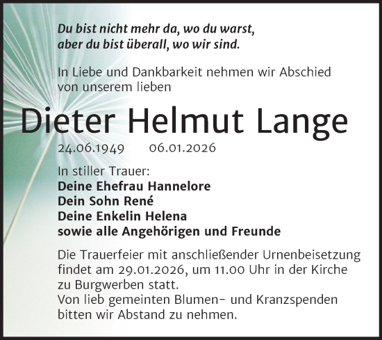 Traueranzeige von Dieter Helmut Lange von Trauerkombi Weißenfels