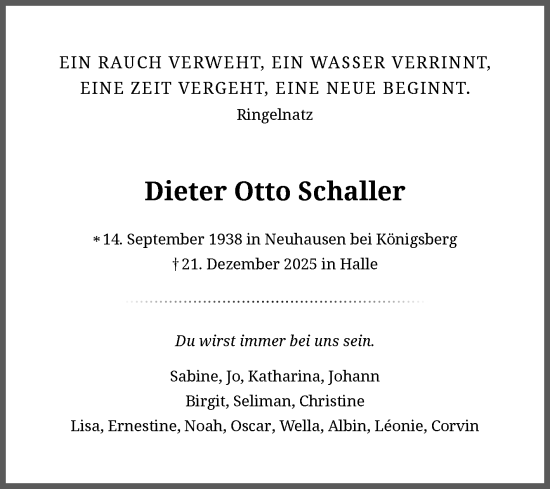 Traueranzeige von Dieter Otto Schaller von Mitteldeutsche Zeitung Halle/Saalkreis
