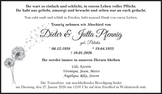 Traueranzeige von Dieter und Jutta Pfennig von Volksstimme Haldensleben/Wolmirstedt