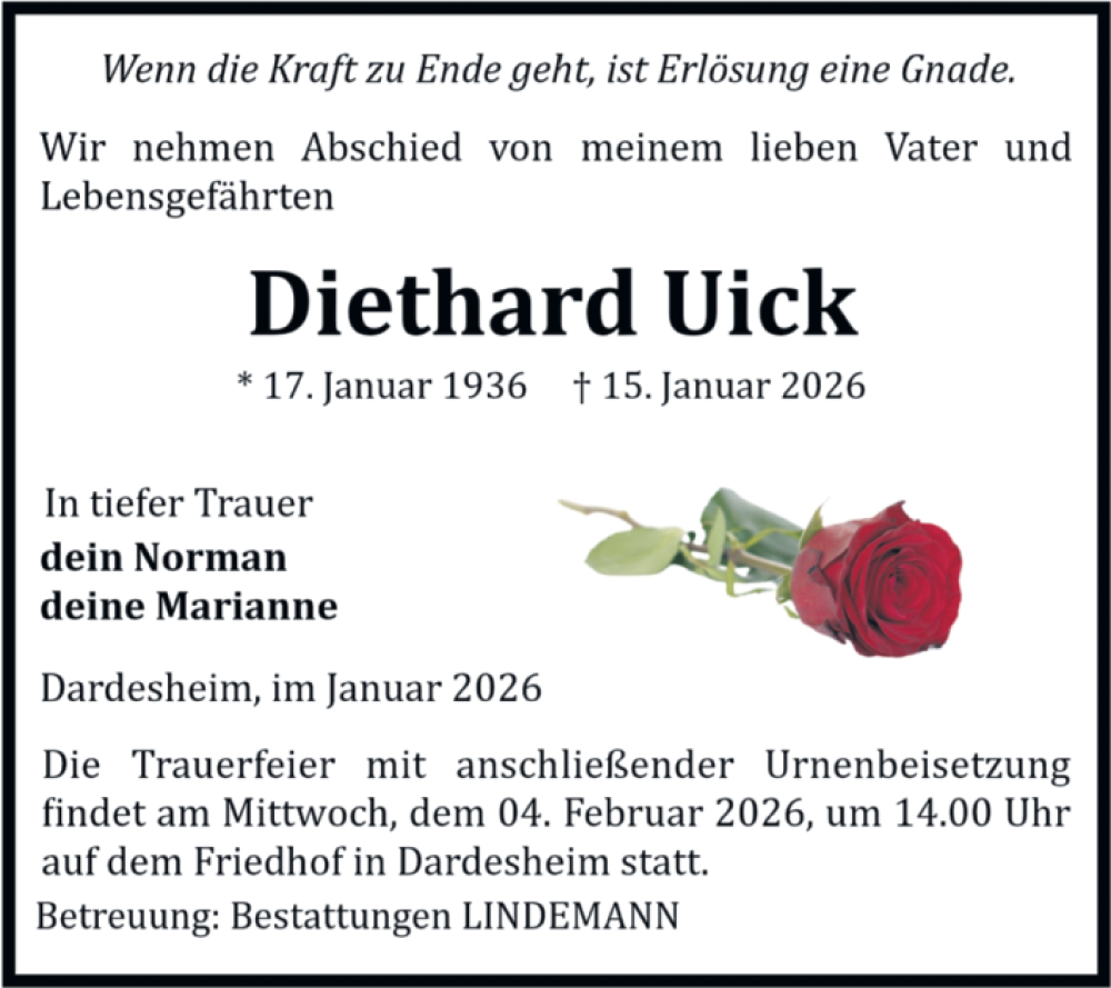  Traueranzeige für Diethard Uick vom 24.01.2026 aus Volksstimme Halberstadt