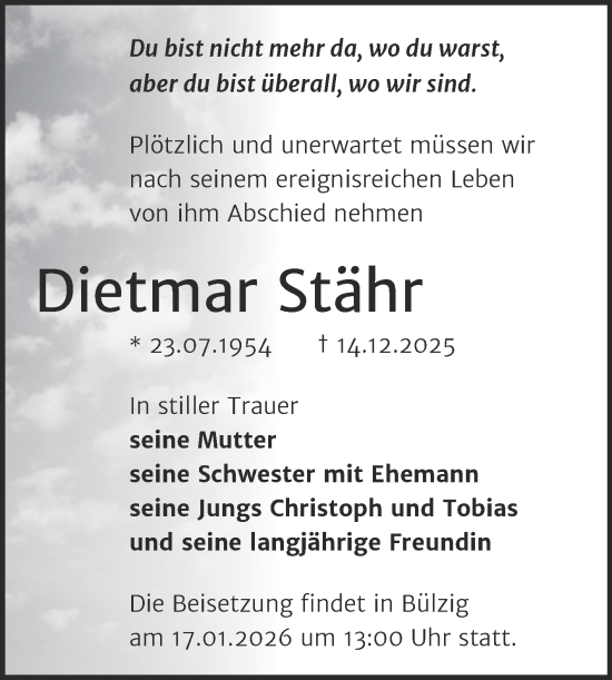 Traueranzeige von Dietmar Stähr von Trauerkombi Wittenberg