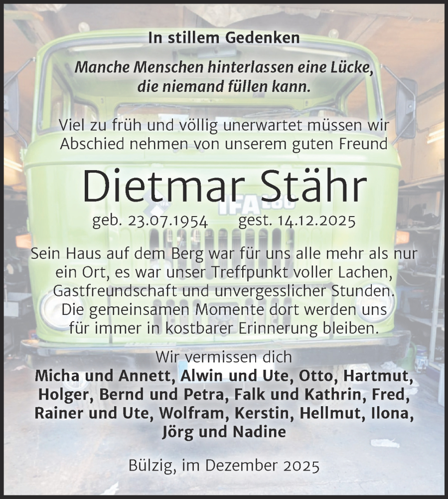  Traueranzeige für Dietmar Stähr vom 10.01.2026 aus Trauerkombi Wittenberg