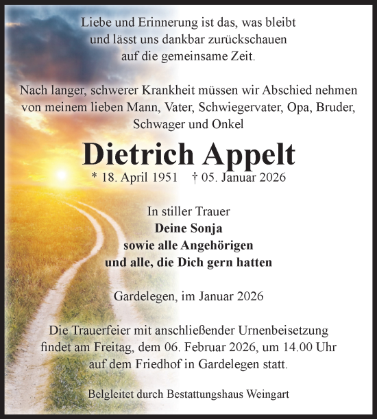 Traueranzeige von Dietrich Appelt von Volksstimme Altmark West