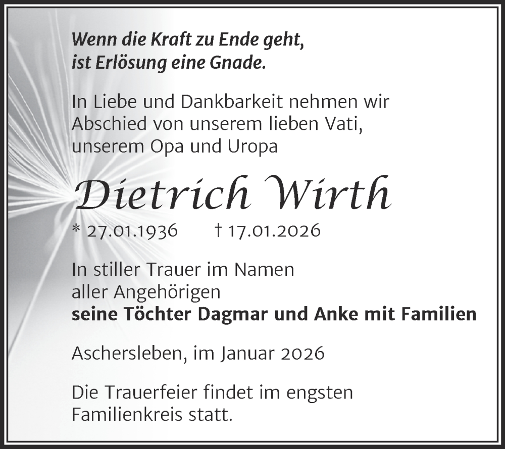  Traueranzeige für Dietrich Wirth vom 31.01.2026 aus Trauerkombi Aschersleben