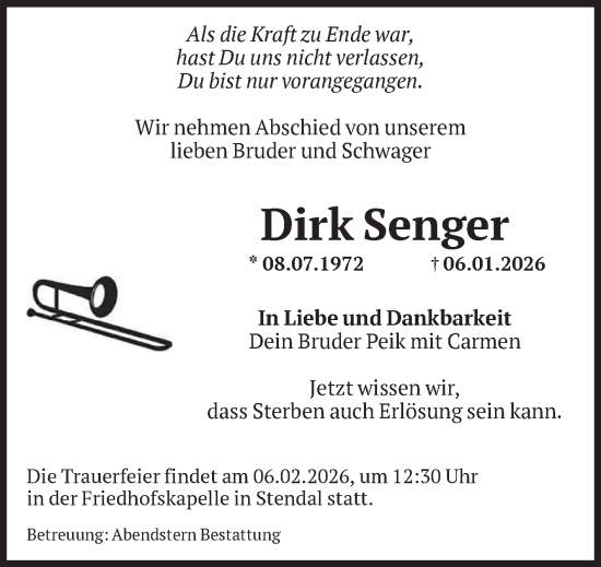 Traueranzeige von Dirk Senger von Volksstimme Altmark Ost