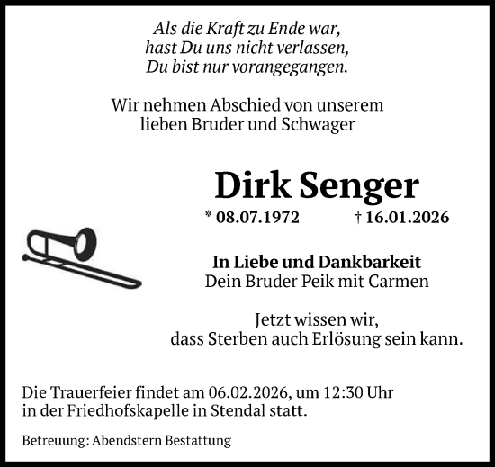 Traueranzeige von Dirk Senger von Volksstimme Altmark Ost