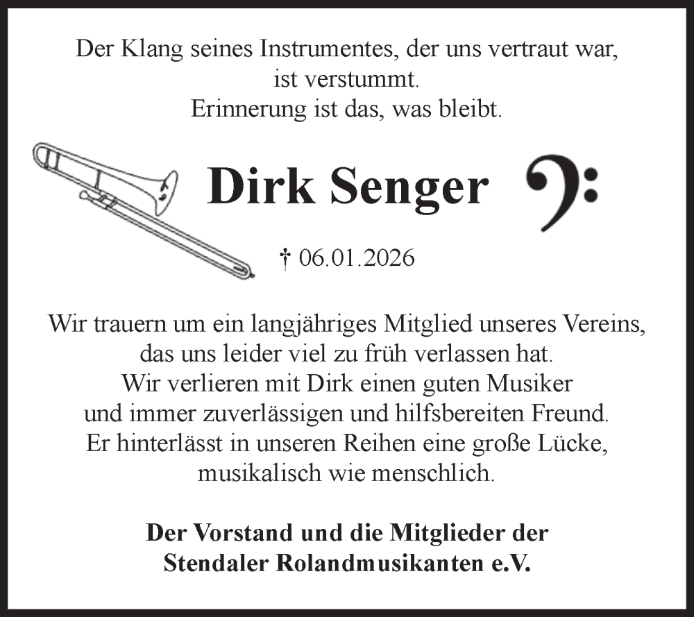  Traueranzeige für Dirk Senger vom 31.01.2026 aus Volksstimme Altmark Ost