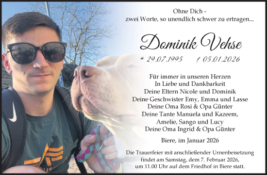 Traueranzeige von Dominik Vehse von Volksstimme Schönebeck
