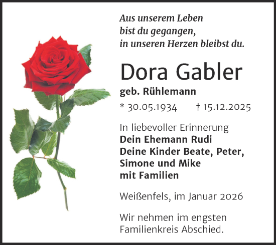 Traueranzeige von Dora Gabler von Trauerkombi Weißenfels