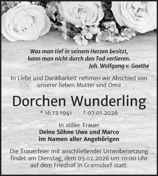 Traueranzeige von Dorchen Wunderling von Trauerkombi Bernburg