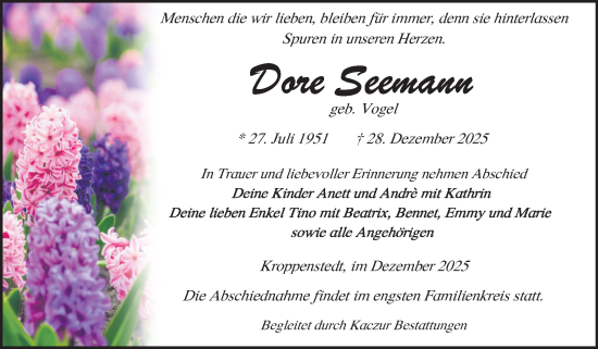 Traueranzeige von Dore Seemann von Volksstimme Oschersleben/Wanzleben