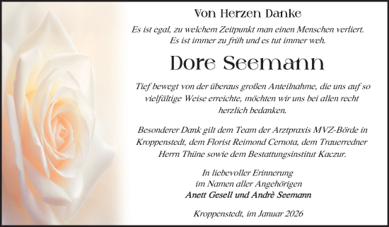 Traueranzeige von Dore Seemann von Volksstimme Oschersleben/Wanzleben