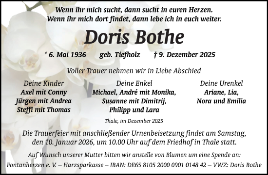 Traueranzeige von Doris Bothe von Trauerkombi Quedlinburg