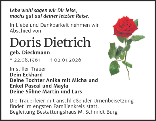 Traueranzeige von Doris Dietrich von Volksstimme Burg/Genthin