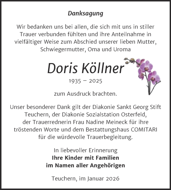 Traueranzeige von Doris Köllner von Trauerkombi Weißenfels