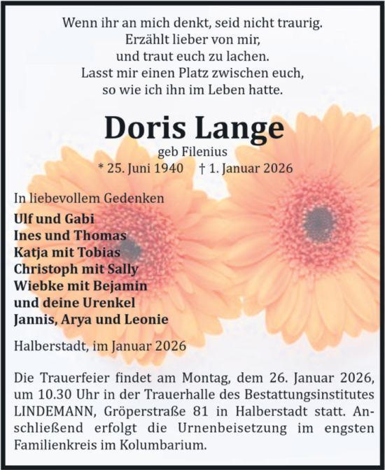 Traueranzeige von Doris Lange von Volksstimme Halberstadt