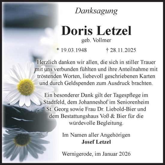 Traueranzeige von Doris Letzel von Volksstimme Wernigerode