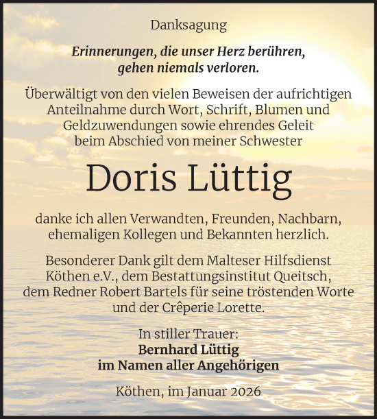 Traueranzeige von Doris Lüttig von Trauerkombi Köthen