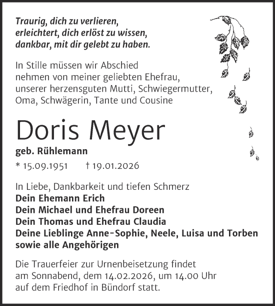 Traueranzeige von Doris Meyer von Trauerkombi Merseburg