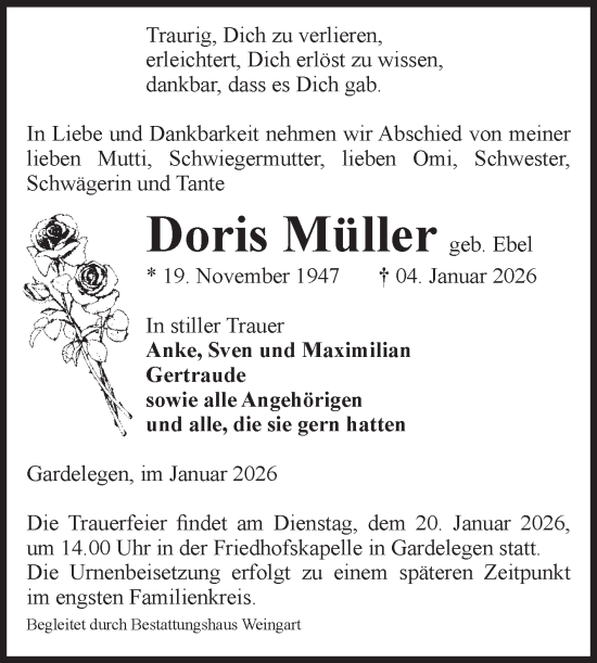 Traueranzeige von Doris Müller von Volksstimme Altmark West