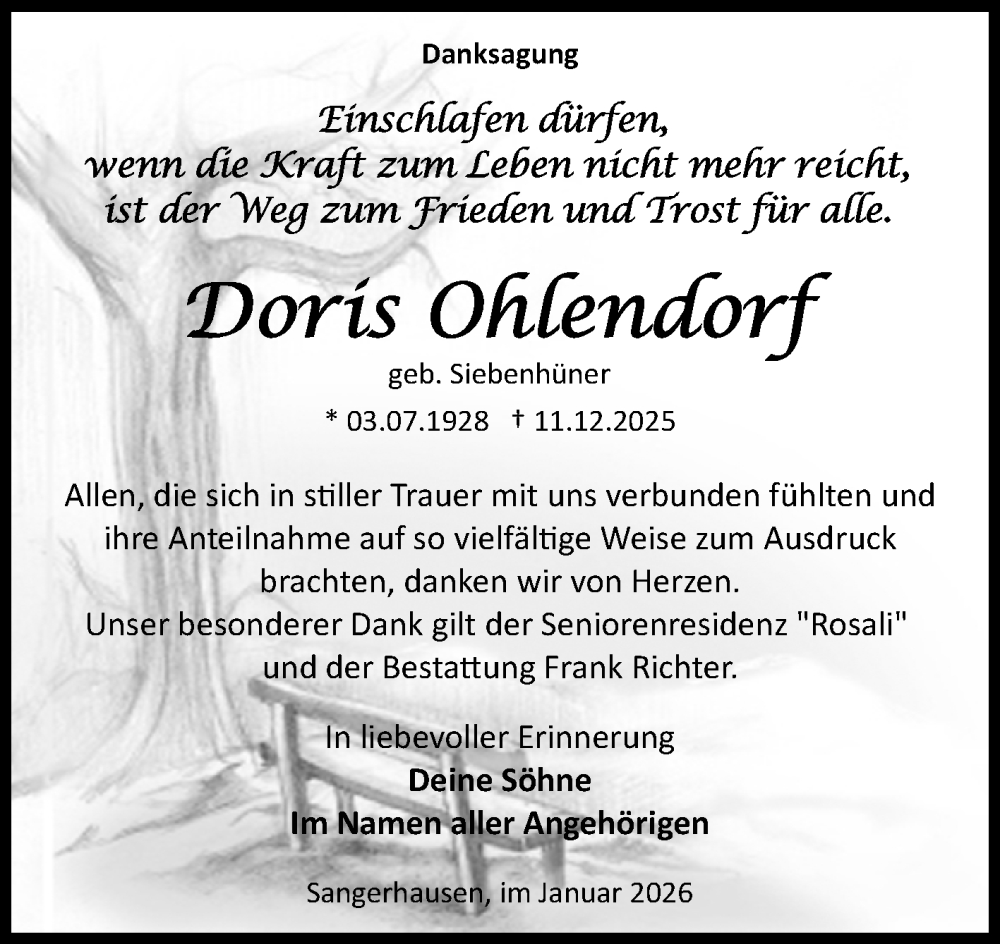  Traueranzeige für Doris Ohlendorf vom 24.01.2026 aus Trauerkombi Sangerhausen