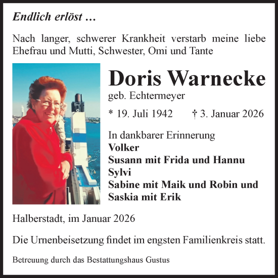 Traueranzeige von Doris Warnecke von Volksstimme Halberstadt