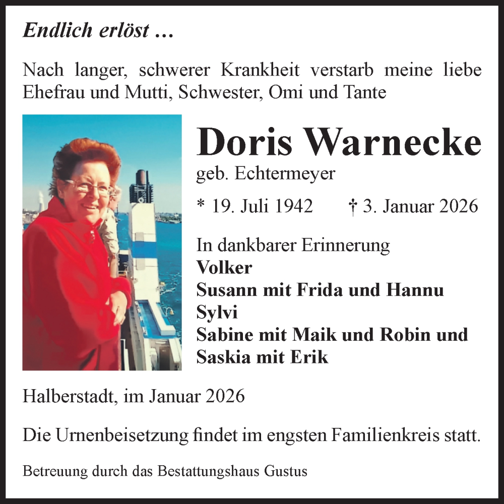  Traueranzeige für Doris Warnecke vom 10.01.2026 aus Volksstimme Halberstadt