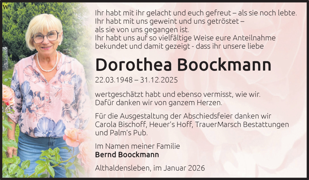  Traueranzeige für Dorothea Boockmann vom 31.01.2026 aus Volksstimme Haldensleben/Wolmirstedt