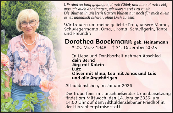Traueranzeige von Dorothea Boockmann von Volksstimme Haldensleben/Wolmirstedt