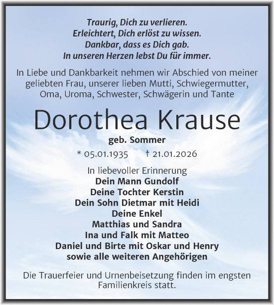 Traueranzeige von Dorothea Krause von Trauerkombi Mansfelder Land