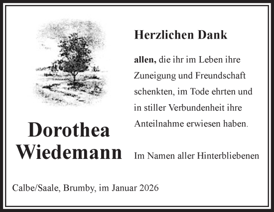 Traueranzeige von Dorothea Wiedemann von Volksstimme Schönebeck