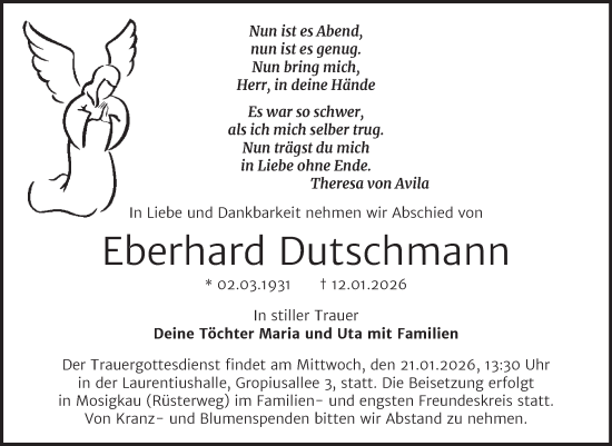 Traueranzeige von Eberhard Dutschmann von Mitteldeutsche Zeitung Dessau-Roßlau