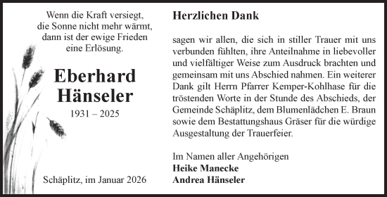 Traueranzeige von Eberhard Hänseler von Volksstimme Altmark Ost