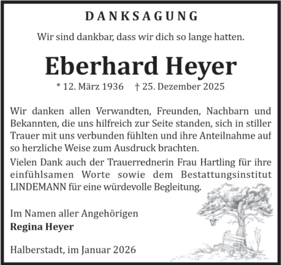 Traueranzeige von Eberhard Heyer von Volksstimme Halberstadt