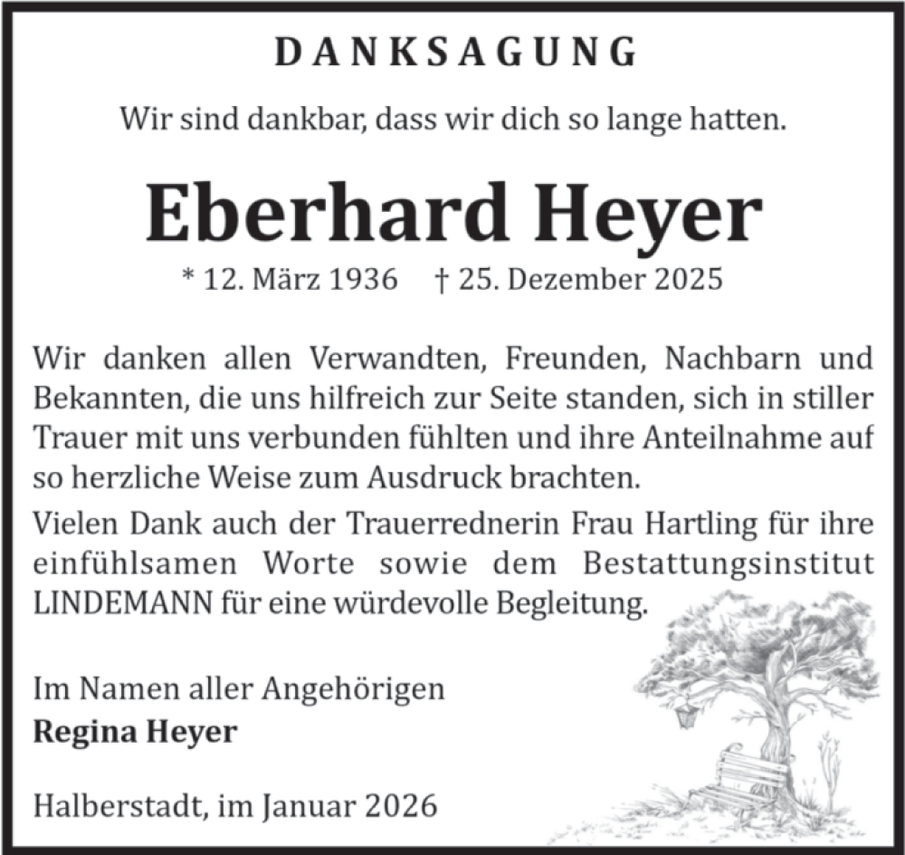  Traueranzeige für Eberhard Heyer vom 31.01.2026 aus Volksstimme Halberstadt