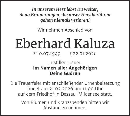 Traueranzeige von Eberhard Kaluza von Trauerkombi Dessau