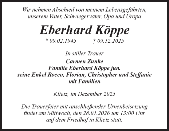 Traueranzeige von Eberhard Köppe von Volksstimme Altmark Ost