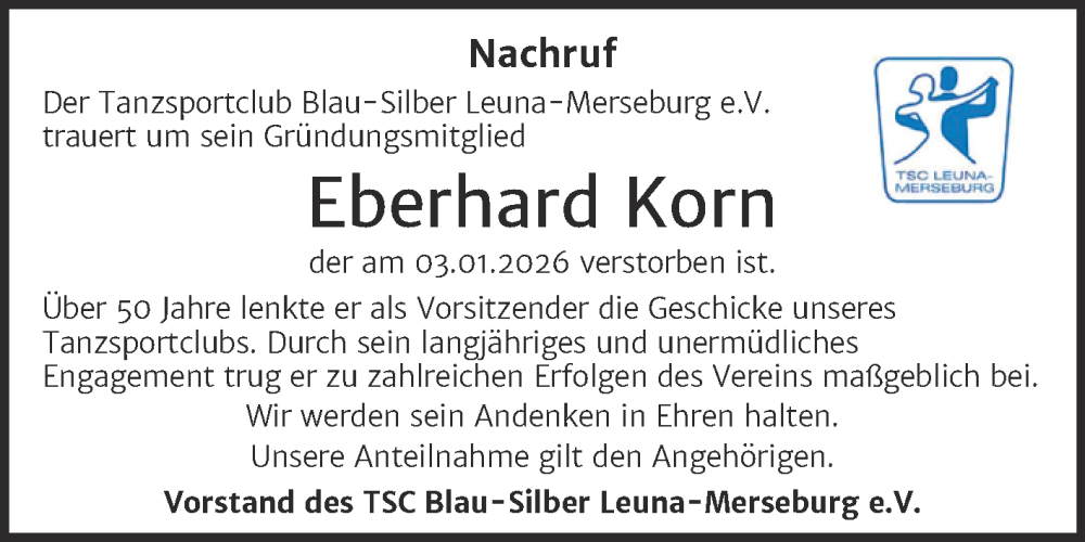  Traueranzeige für Eberhard Korn vom 24.01.2026 aus Mitteldeutsche Zeitung Merseburg/Querfurt