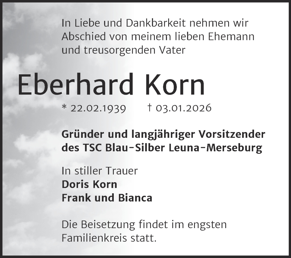  Traueranzeige für Eberhard Korn vom 17.01.2026 aus Trauerkombi Merseburg