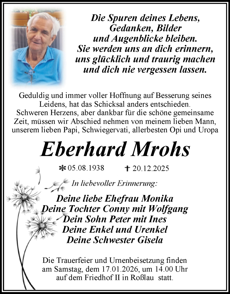  Traueranzeige für Eberhard Mrohs vom 03.01.2026 aus Trauerkombi Dessau