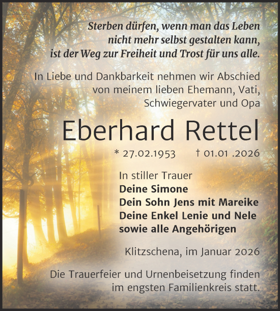 Traueranzeige von Eberhard Rettel von Trauerkombi Wittenberg
